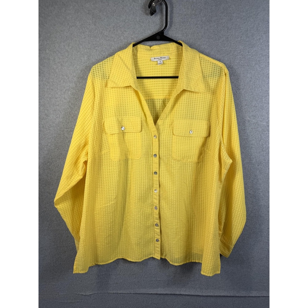 Studio Works Shirt Womens 2X Yellow Sheer Textured Button Up Top Long Sleeve